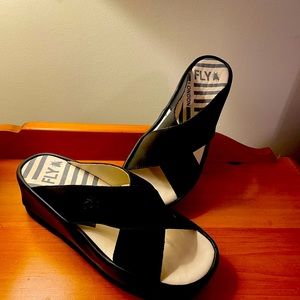 Fly London black slip on sandals